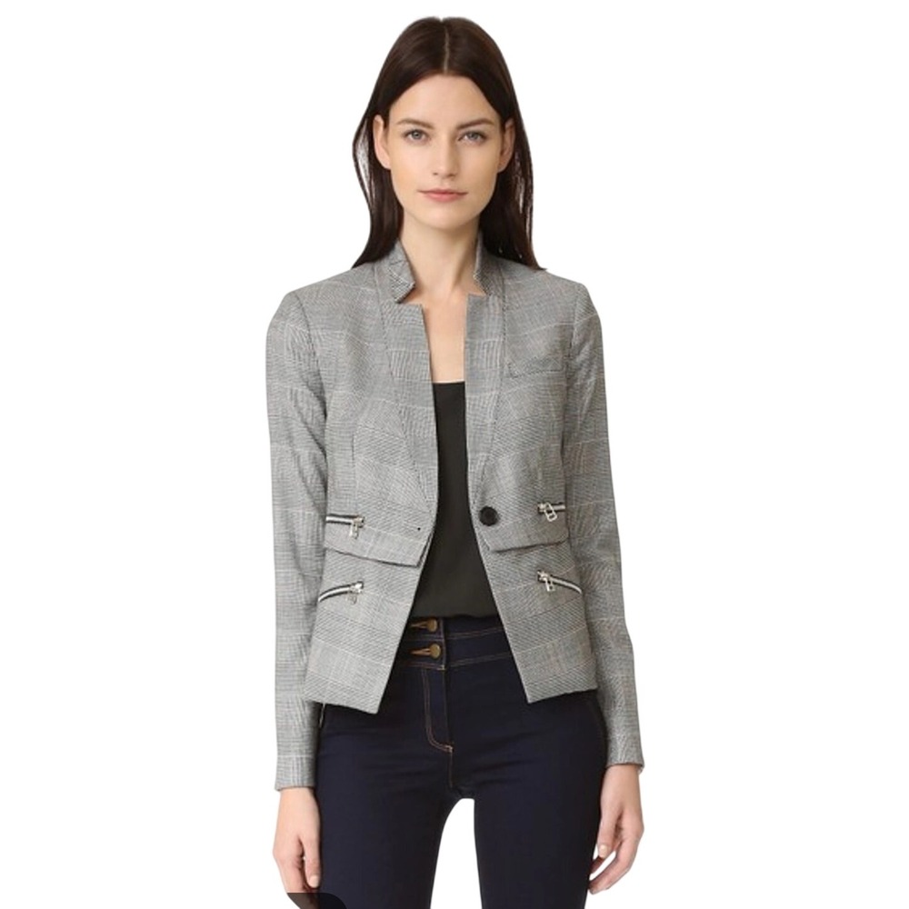 Veronica Beard Blazer Womens 2 Grey Glen Plaid Zip Pocket Virgin Wool